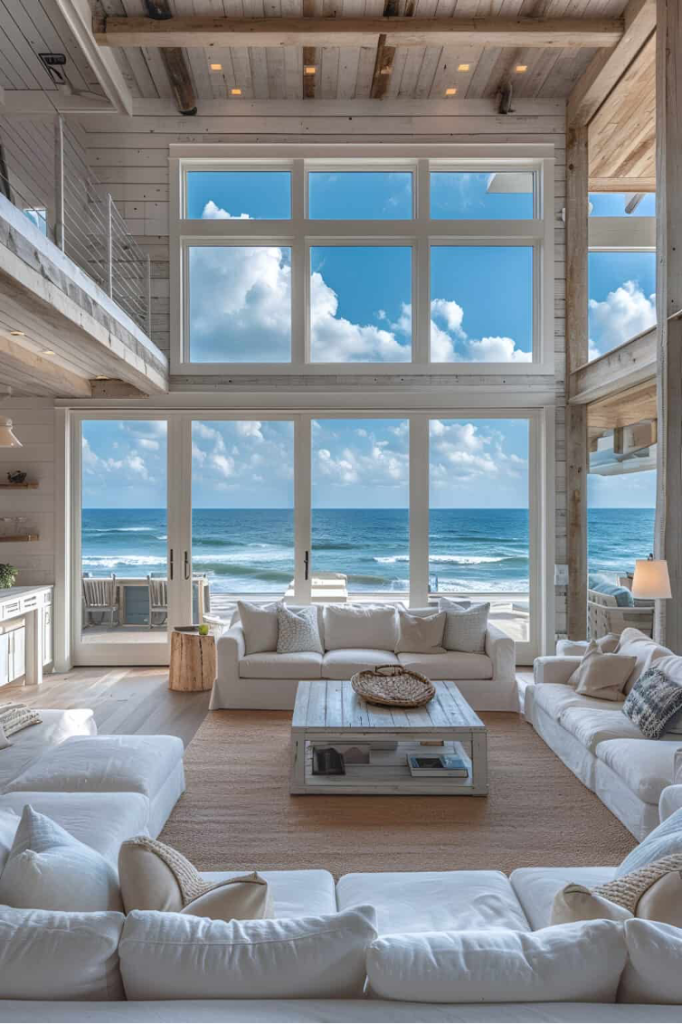 Nautical-inspired coastal living rom with white seating, natural fibers, and bleached wood embellishments backdropped by the ocean waves