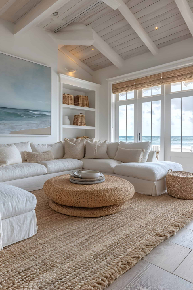 Minimal and tasteful beach decor, artwork, and furnishings in beach home living area with view to the ocan