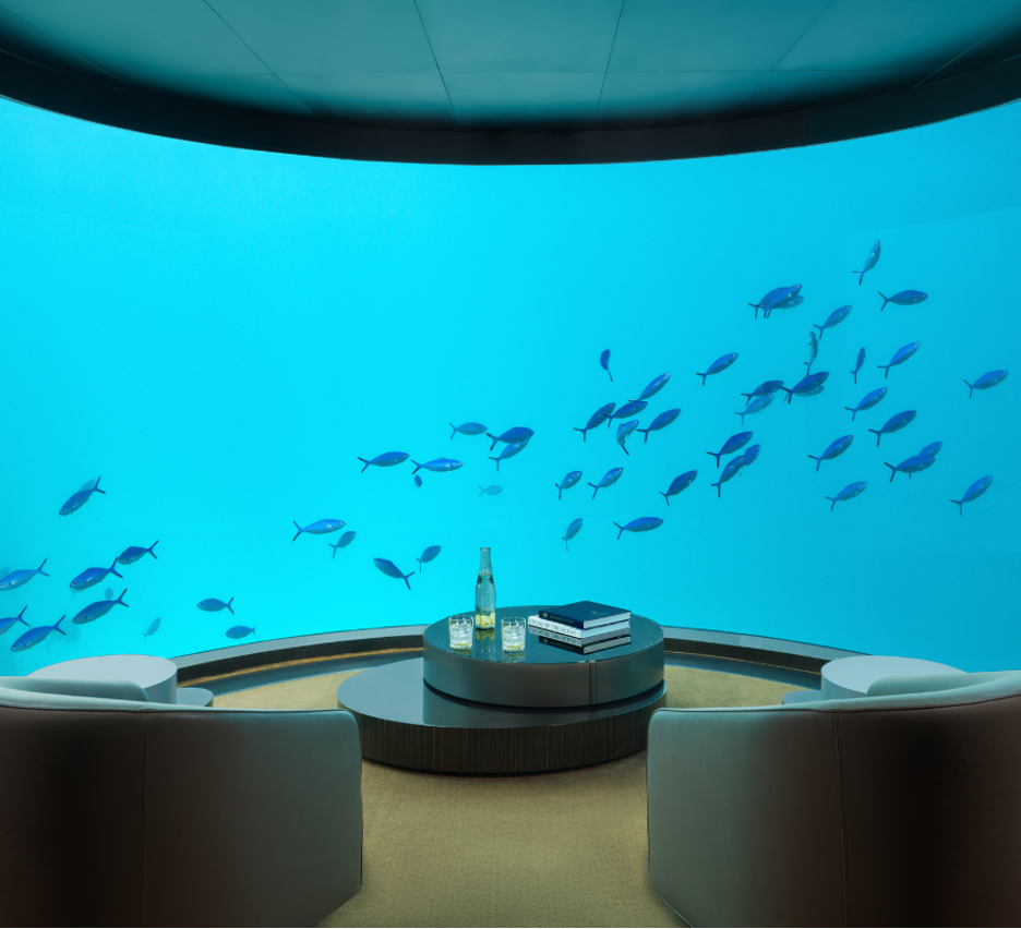 Underwater seating area in primary bedroom suite at the Muraka, Maldives Rangali Island