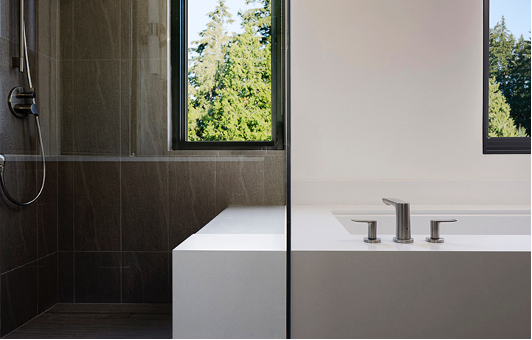 Sleek minimalist bathroom with walk-in shower and tub with treetop views of Puget Sound in the backdrop