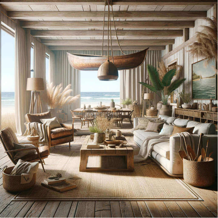 Organic materials and texture demonstrated on this breezy open-air space with views of the ocean, cozy seating, and dining area.