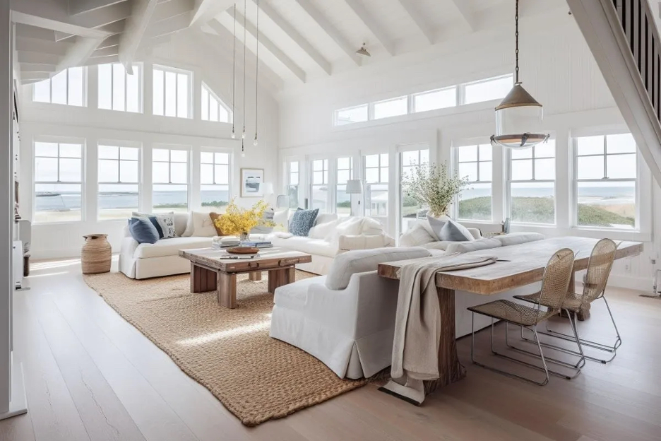 Coastal minimalism demonstrated in an airy living space with spare furnishings, lighting, and accent pieces