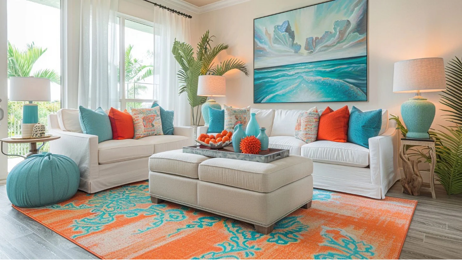 Vibrant coastal accents demonstrated in this colorful beach home living room with turquoise pillows and artwork, an orange and turquoise area rug, and vibrant coral red pillows and accents.